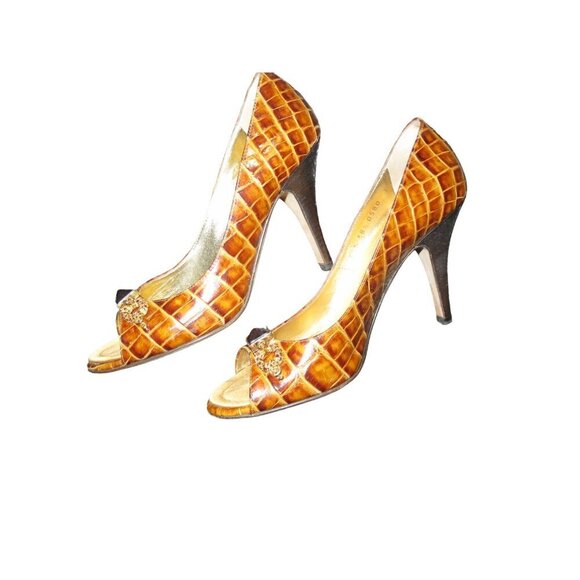 Giuseppe Zanotti Brown Croc Embossed Italian Leather Peep Toe Pumps 37.5 or 7.5 - Picture 5 of 13